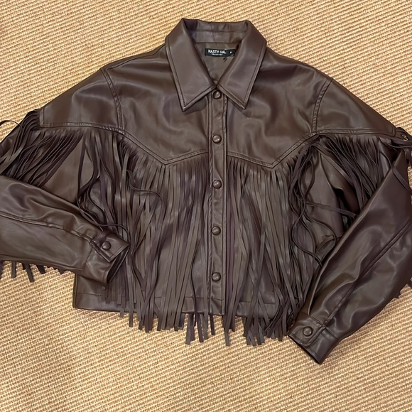 NWOT Nasty Gal Faux Leather Western Fringed Cropped Jacket, Brown - Picture 9 of 10
